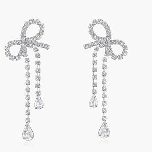 CZ Silver Drop Bow Rhinestones Earrings